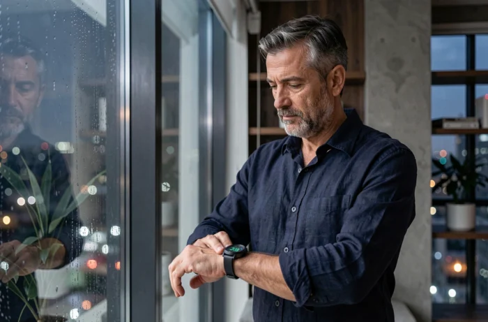 Homme pensif regardant sa montre affichant 23h13 devant une fenêtre nocturne avec vue sur la ville, évoquant la signification des heures miroirs