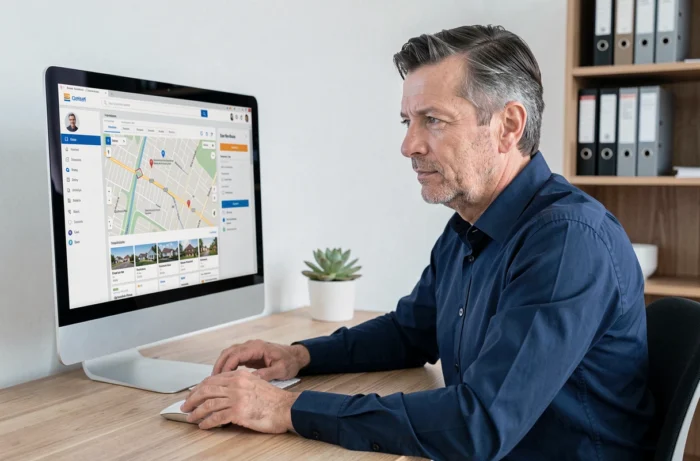 Homme utilisant un moteur de recherche immobilier sur ordinateur de bureau dans un bureau à domicile