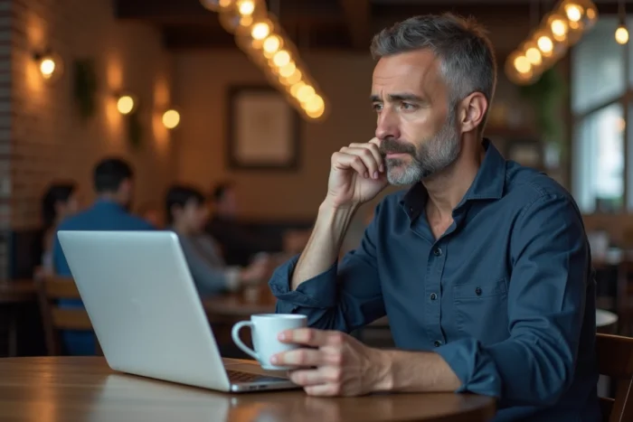 Homme parcourant l'arborescence d'un site web sur son ordinateur portable dans un café urbain