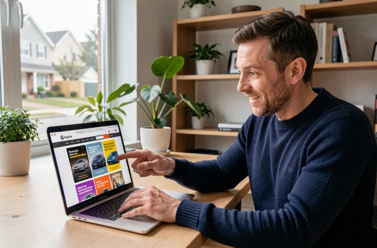 Un homme parcourant des promotions automobiles en ligne sur son ordinateur portable dans un bureau à domicile moderne