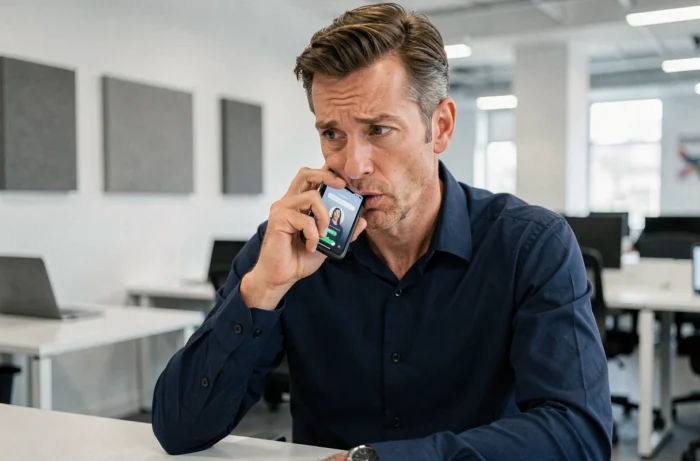 Homme perplexe utilisant la recherche vocale sur smartphone dans un bureau moderne