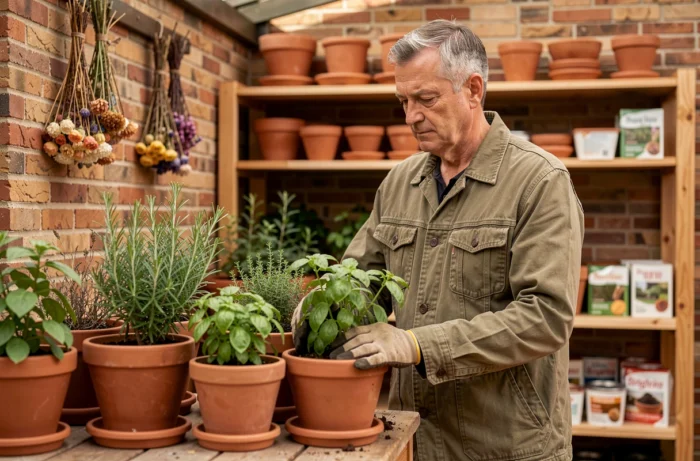Homme arrangeant des pots de fines herbes sur une table de rempotage sur une terrasse couverte en briques