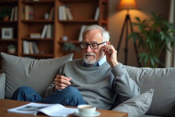 Homme retraité tenant un appareil auditif contour d'oreille pour évaluer son budget Audika