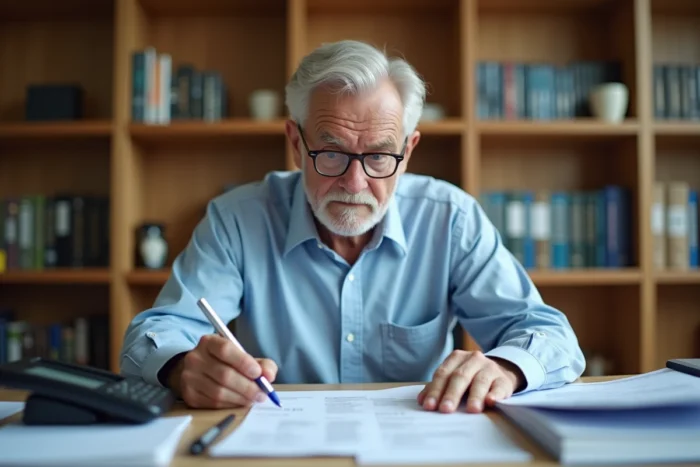 Homme retraité consultant son dossier d'abonnement posé sur un bureau avant de contacter le service Le Fil des Ans