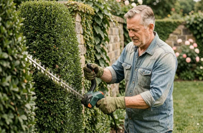 Homme utilisant un taille-haie électrique pour tailler une haie de buis dans un jardin bien entretenu
