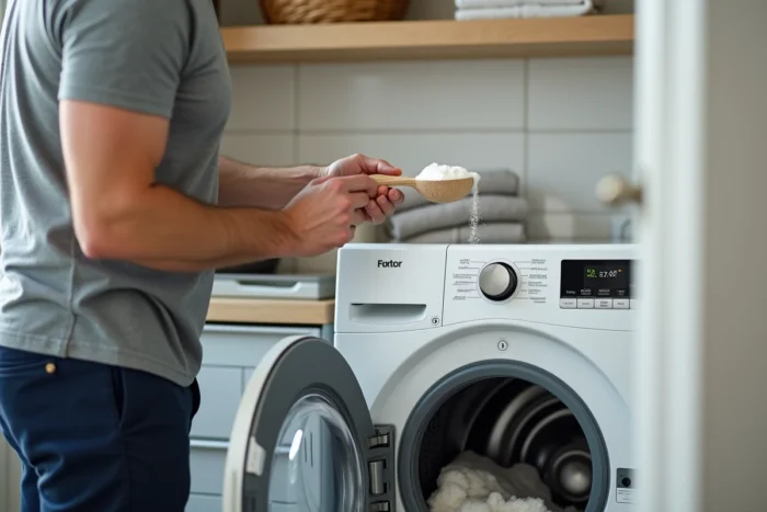 Homme versant de la lessive en poudre dans un lave-linge à domicile