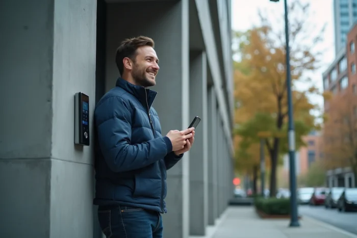Homme consultant une annonce de location sur smartphone devant un immeuble parisien