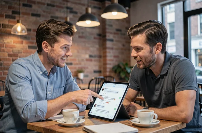 Deux hommes discutant de débats en ligne autour d'une tablette dans un café urbain