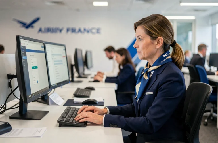Hôtesse Air France consultant la plateforme IPN sur un poste de travail en bureau opérationnel