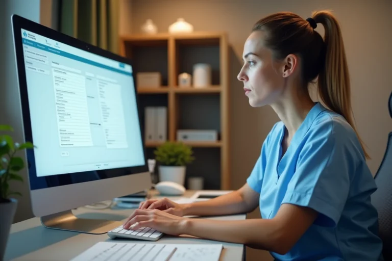 Infirmière en EHPAD consultant le logiciel Netsoins DomusVI sur un poste informatique pour assurer la traçabilité des soins
