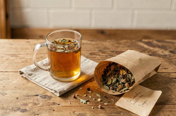 Mug de thé détox infusé avec herbes séchées et sachet de Lulutox sur table en bois naturel dans une cuisine