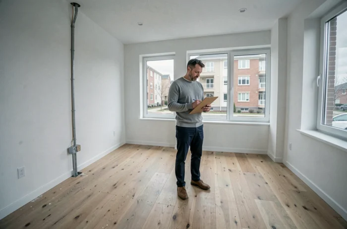 Homme inspectant un appartement vide lors d'une visite pour un premier investissement locatif