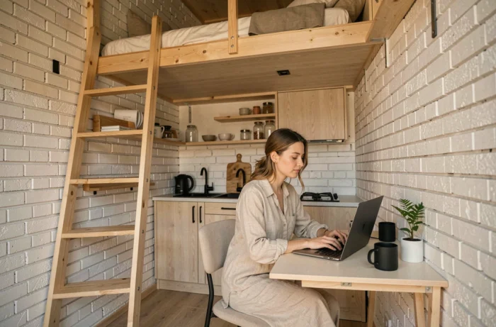Intérieur d'une petite maison préfabriquée avec mezzanine, cuisine compacte et femme travaillant à un bureau escamotable
