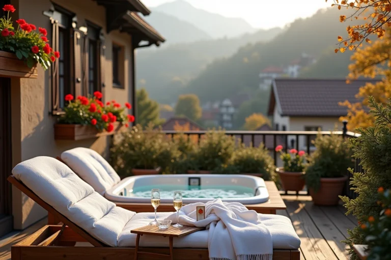 Jacuzzi privatif en terrasse d'un hôtel alsacien avec vue sur un village à colombages lors d'un week-end romantique