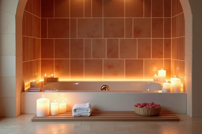Jacuzzi privatif romantique dans un spa de boutique hôtel alsacien avec pétales de roses et bougies