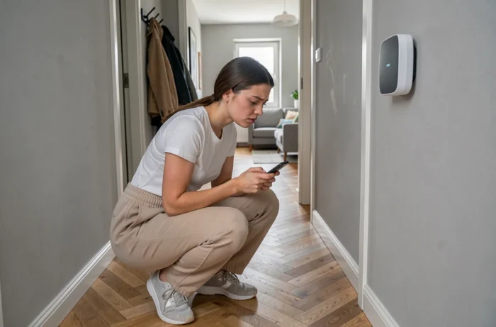 Jeune femme inspectant un assistant vocal mural dans le couloir d'un appartement moderne