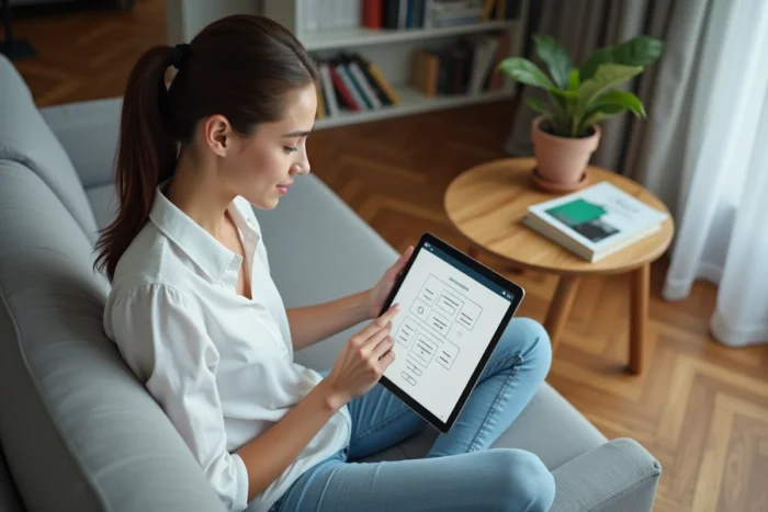 Jeune femme explorant le plan de navigation d'un site web sur une tablette dans un salon contemporain