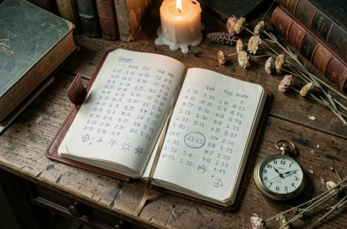 Journal de numérologie ouvert avec des notes manuscrites sur l'heure miroir 23h13 et une montre de poche vintage posée à côté