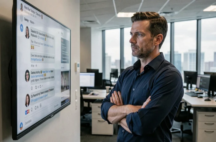 Journaliste analysant un fil de débat sur les réseaux sociaux dans une salle de rédaction moderne