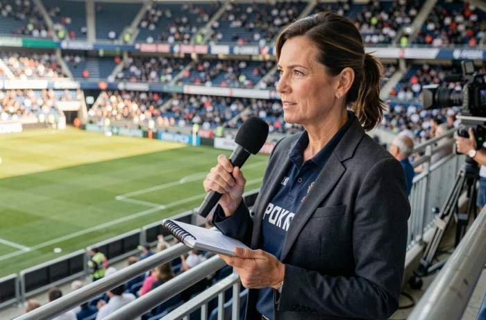 Journaliste sportive professionnelle en direct depuis une loge de presse couvrant les événements pour Az Sport
