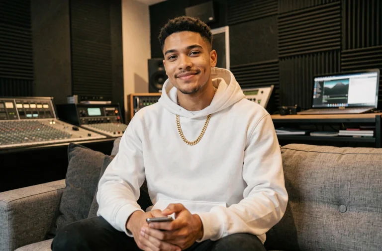 Rappeur français en couple dans son studio d'enregistrement à Marseille, portrait éditorial