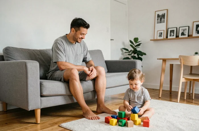 Rappeur père de famille dans son salon moderne avec son enfant, ambiance familiale authentique