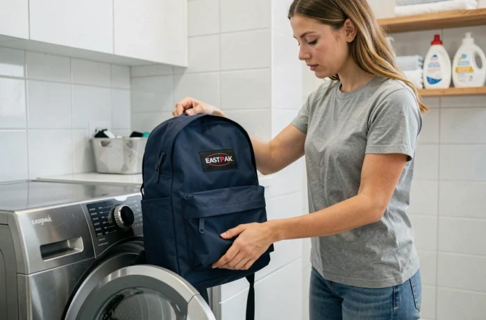 Femme plaçant un sac à dos Eastpak bleu marine dans un lave-linge pour un lavage en machine sécurisé