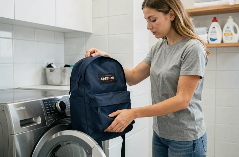 Femme plaçant un sac à dos Eastpak bleu marine dans un lave-linge pour un lavage en machine sécurisé
