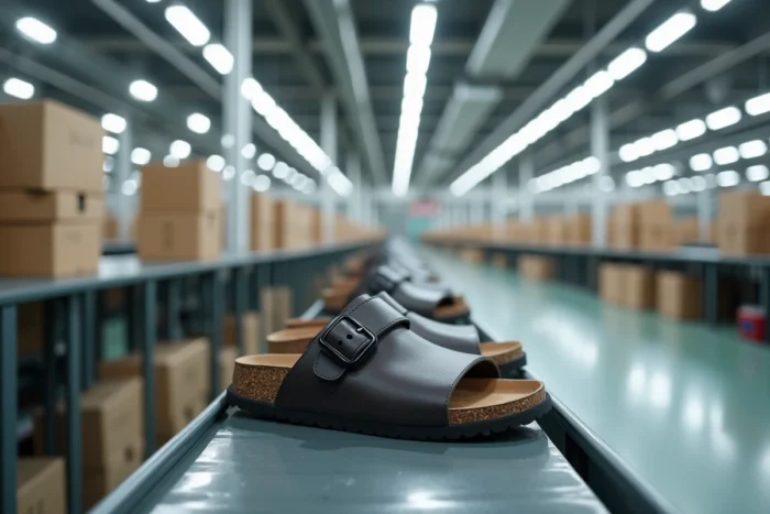 Vue d'ensemble d'une ligne de production de chaussures Scholl dans une usine moderne