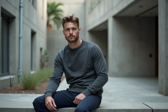 Homme en pull gris minimaliste et pantalon marine assis dans une cour urbaine en béton