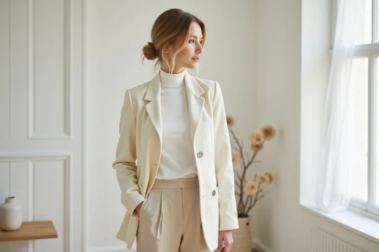 Femme en tenue minimaliste aux tons crème et beige dans un appartement scandinave épuré
