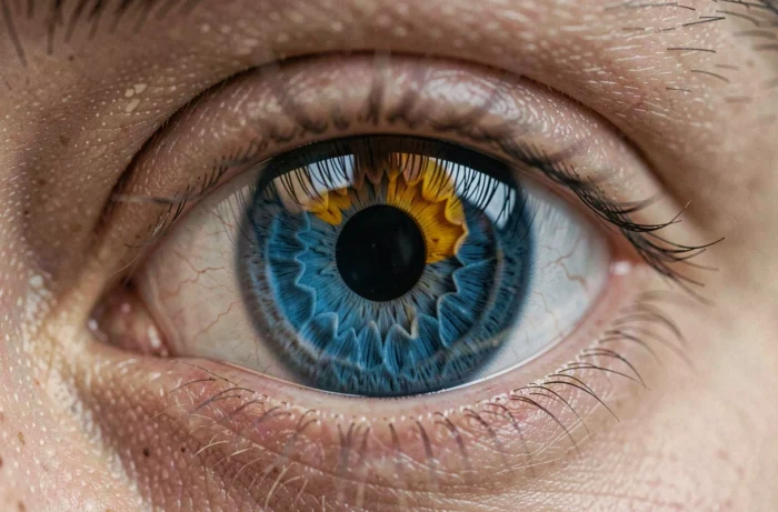 Macro extrême d'un œil humain bleu avec une tache jaune ambrée révélant une hétérochromie sectorielle, indicateur potentiel de santé oculaire