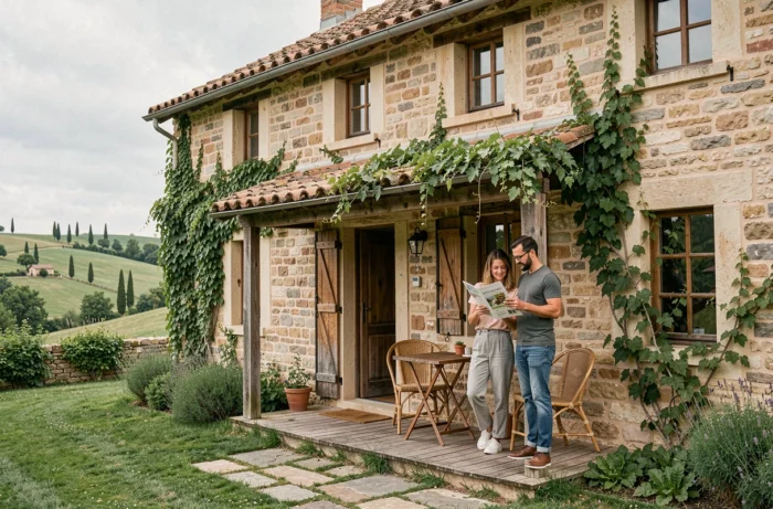 Couple devant une maison de vacances en pierre typique proposée sur la plateforme Abritel en France
