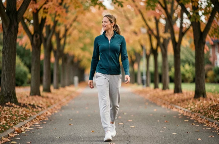 Femme marchant seule sur un chemin de parc arboré en tenue de sport décontractée lors de sa marche quotidienne de vingt minutes