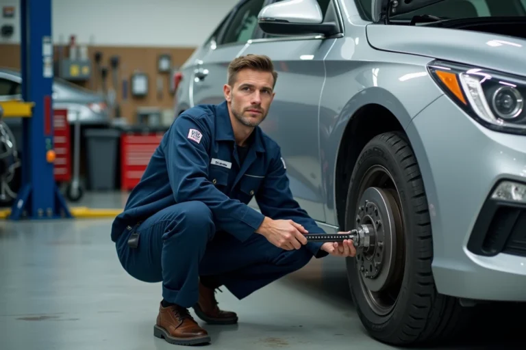 Mécanicien automobile professionnel inspectant les freins d'une voiture dans un garage moderne et bien équipé