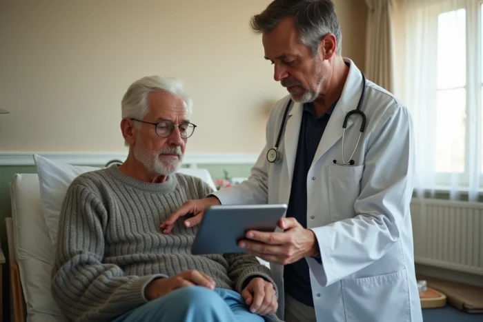 Médecin présentant le Dossier Médical Partagé DMP sur tablette à un résident en EHPAD dans le cadre de la traçabilité numérique