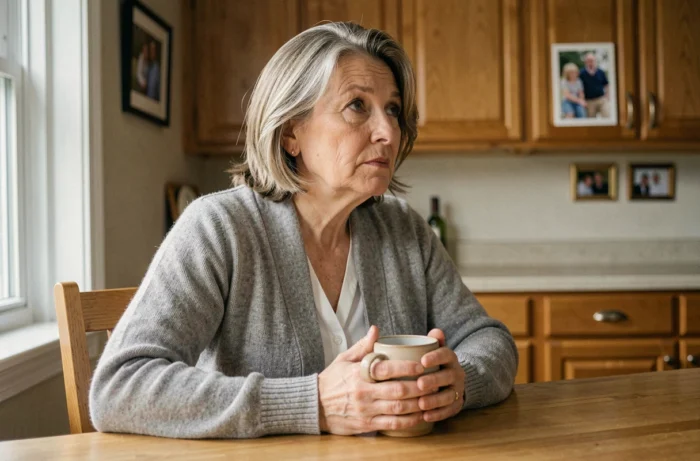 Mère d'âge mûr assise seule dans sa cuisine, l'air mélancolique, illustrant la douleur d'un rejet de son fils adulte