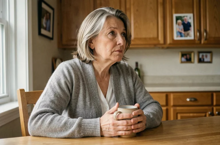Mère d'âge mûr assise seule dans sa cuisine, l'air mélancolique, illustrant la douleur d'un rejet de son fils adulte