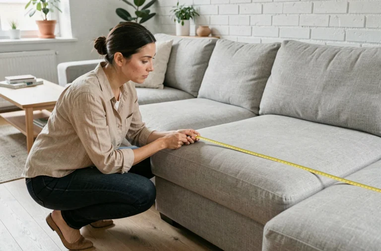 Femme mesurant un canapé gris sectionnel dans un salon scandinave pour vérifier les dimensions avant achat