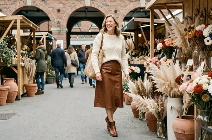 Femme élégante en pull torsadé et jupe cuir marron au marché extérieur avec sac en osier tendance automne