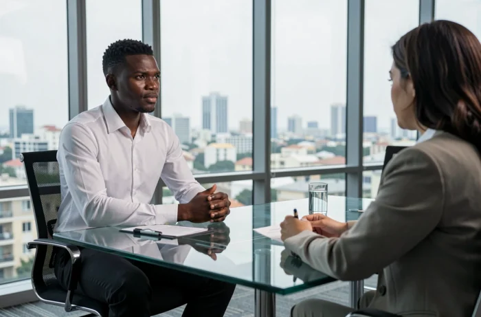 Jeune professionnel sénégalais lors d'une négociation salariale avec un responsable RH à Dakar