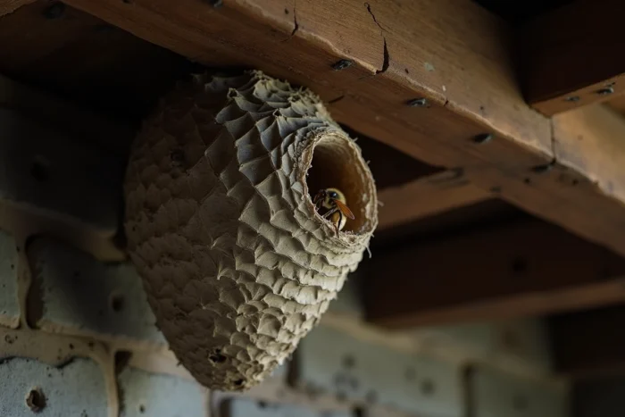 Nid de frelons suspendu à une poutre en bois dans une grange en pierre abandonnée, évoquant la symbolique mystérieuse et spirituelle de la colonie de frelons