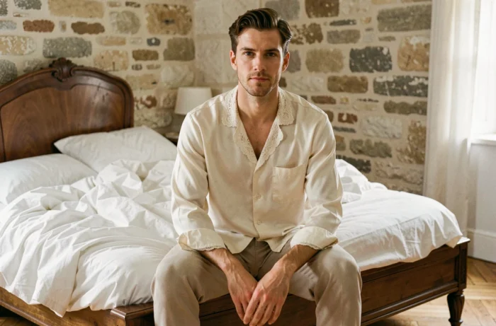 Homme portant une nuisette en soie ivoire avec dentelle dans un appartement parisien vintage, lingerie masculine tendance