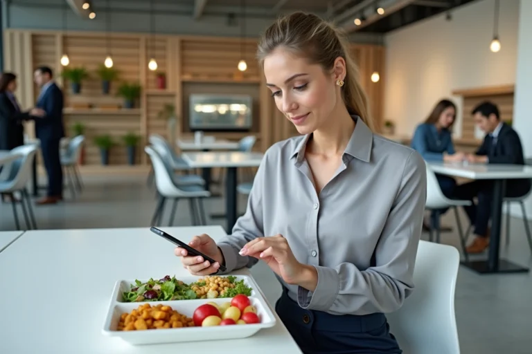 Employée de bureau déjeunant avec un plateau repas fourni par l'entreprise dans une salle de pause moderne