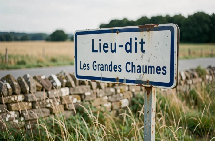 Panneau de lieu-dit en émail bleu et blanc au bord d'une route de campagne française avec une plaine agricole en arrière-plan