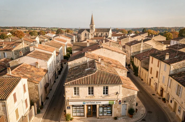 Vue panoramique du centre historique de Pézenas avec toits en tuiles et vitrine d'agence immobilière locale
