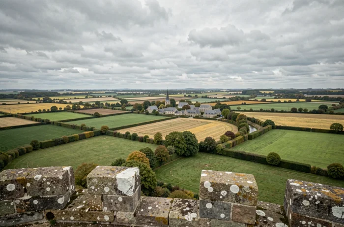 Vue panoramique sur le bocage breton depuis les remparts médiévaux de Bécherel en Ille-et-Vilaine
