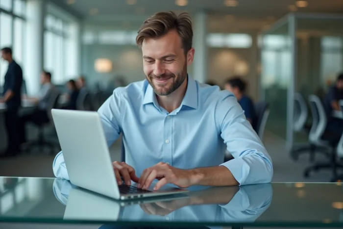 Homme changeant les paramètres de langue AOL Mail en français sur un ordinateur portable en bureau professionnel