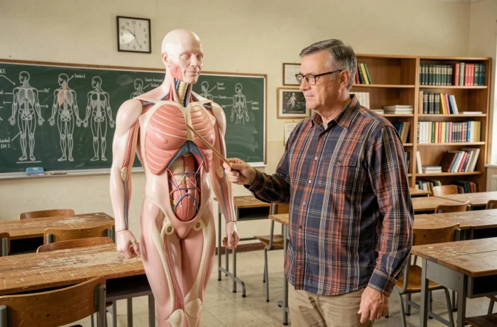 Professeur de biologie présentant un modèle anatomique 3D du corps humain dans une salle de cours universitaire