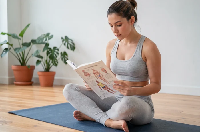 Jeune femme étudiant un manuel médical illustré avec des schémas du corps humain dans un studio minimaliste à domicile